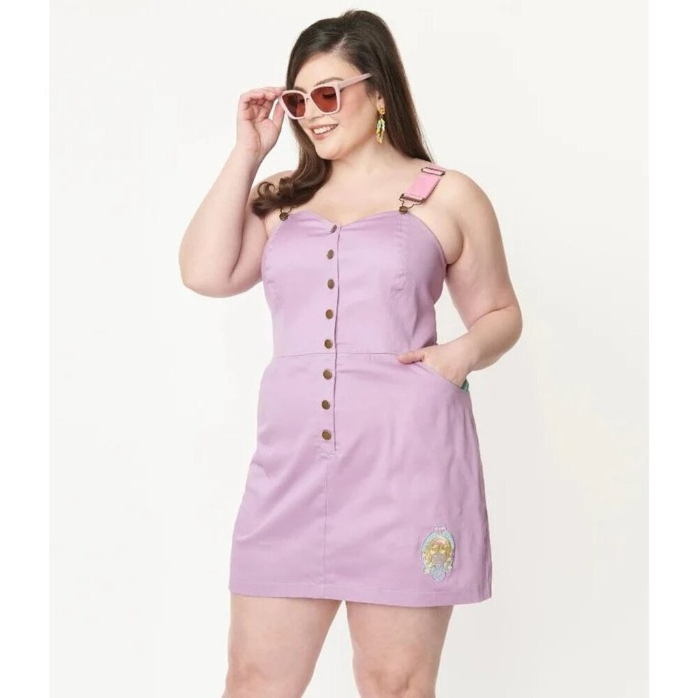 Unique Vintage X Polly Pocket Purple Embroidered Fitted Pinafore NWT XS - Picture 2 of 4